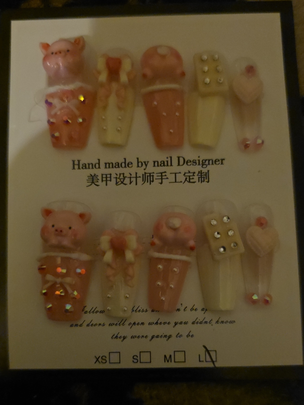 Handmade Pink & Cream Pig Nail Set - Cute Pig & Bow Designs